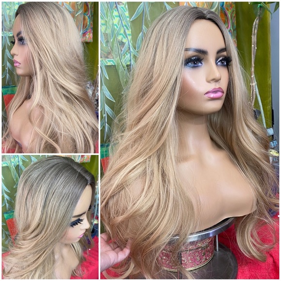 champagne blonde wig with ash roots Wigs Extensions
